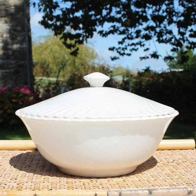 Soupière Ancienne En Faïence Blanche 2,5L – Décors Floraux Et Liserés Bleus