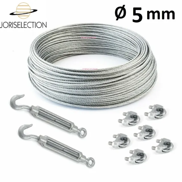 Câble acier galvanisé  Ø  5 mm + 6 serre-câble et 2 tendeurs  LONGUEUR  AU CHOIX