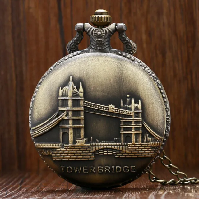 Steampunk UK Tower Bridge Unisex Quartz Pocket Watch Necklace Chain Souvenir