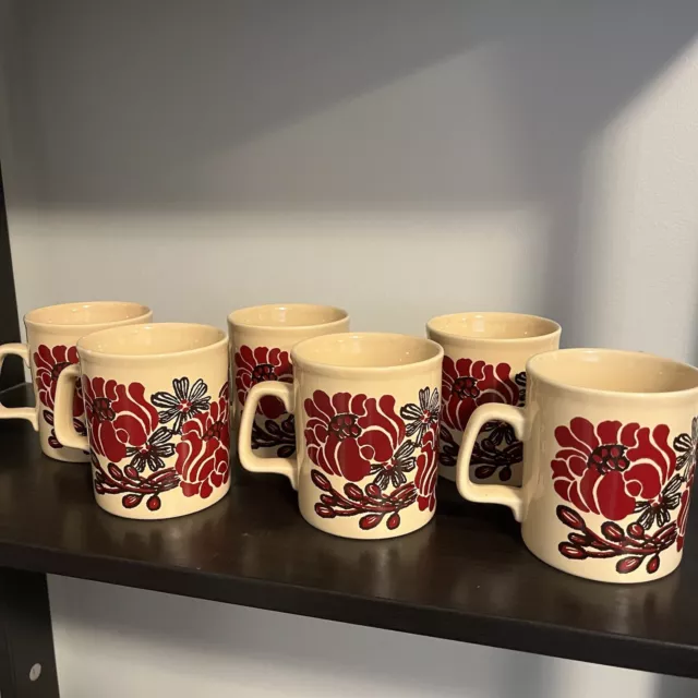 6 Vintage Staffordshire Potteries England Floral Mugs Cup Red Black