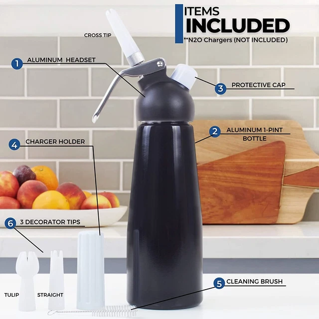 Black Aluminum Whipped Cream Dispenser for Homemade Whipping Cream 1-Pint- Black