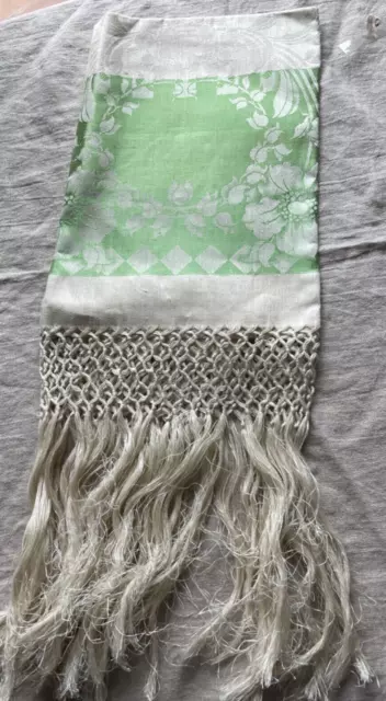 Unused Antique Cream Linen Damask Green w/ Fringe Towels Kitchen Hand Tea Towel.