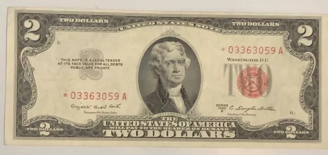 1953 B $2 Two Dollar STAR Note Red Seal Excellent Condition