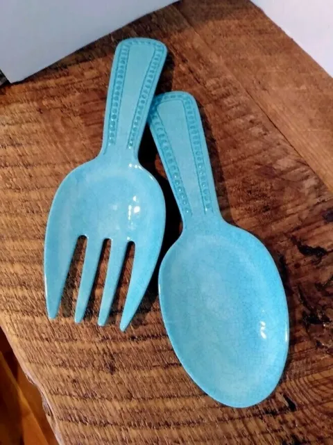 Servidores de ensaladas utensilios de lanzamiento cuchara y tenedor de cerámica 2 piezas - en turquesa