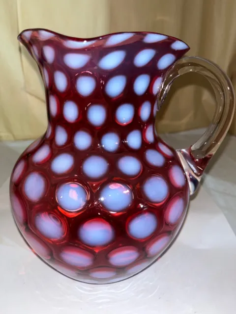 Beaumont Cranberry Opalescent Polka Dot/Coin Dot Water Pitcher-Victorian 1890’s