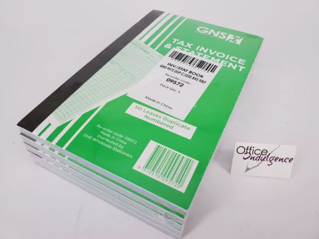 5 x Tax Invoice & Statement Book Duplicate Carbonless 200x125mm 50LF GNS 09572*