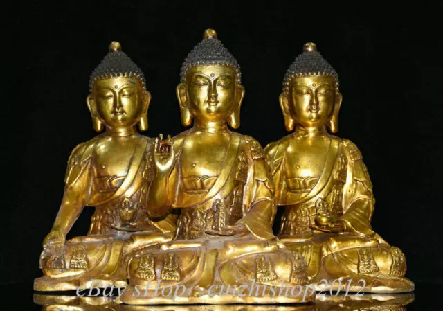 12" Chinese Copper Buddhism 3 Shakyamuni Amitabha Buddha Tank Set Sculpture