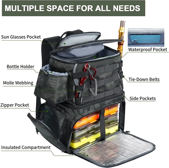 FISHING TACKLE BACKPACK With Cooler Waterproof Rod Holder Large Storage