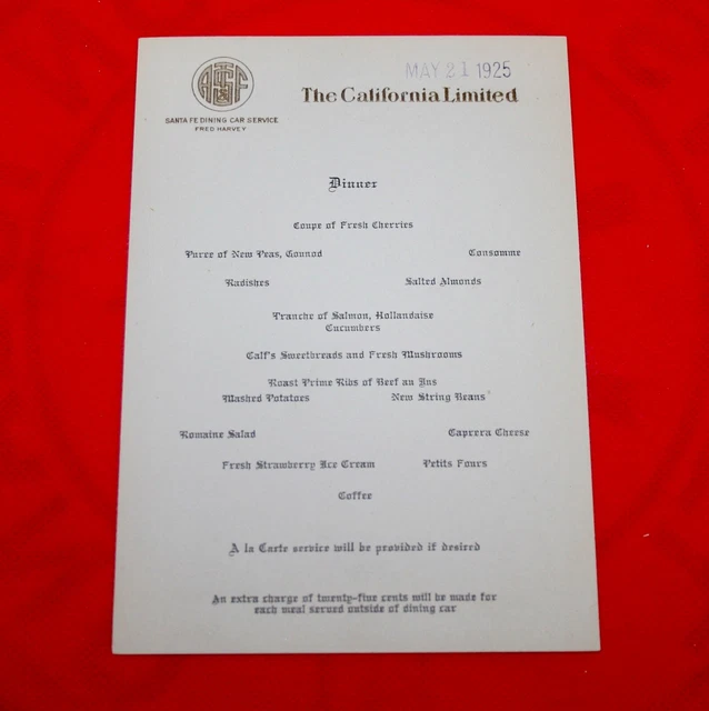 May 21,  1925 - ATSF The California Limited Fred Harvey Dining Car Menu