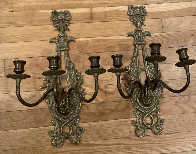 Vintage Beautifully Detailed Ornate Brass 3 Candle Wall Sconce Pair 2