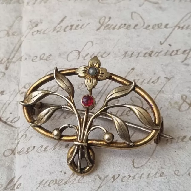 Broche Ancienne Plaqué Or 1900 avec Perle Jewel Gold Filled Brooch