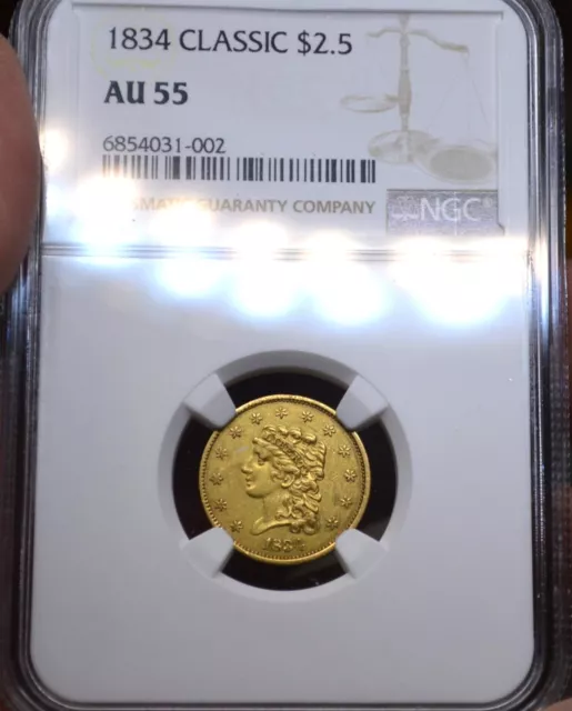 1834 $2.50 NGC AU 55 Gold Classic Head Quarter Eagle, Better, Early Type 2 1/2