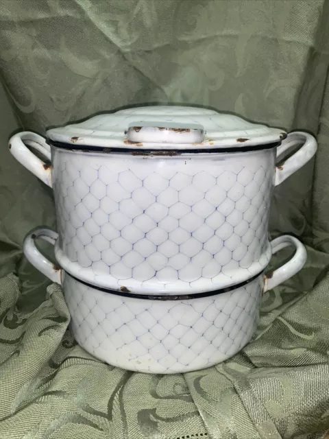 Vintage BLACK Enamelware Double Boiler POT White Speckle Graniteware