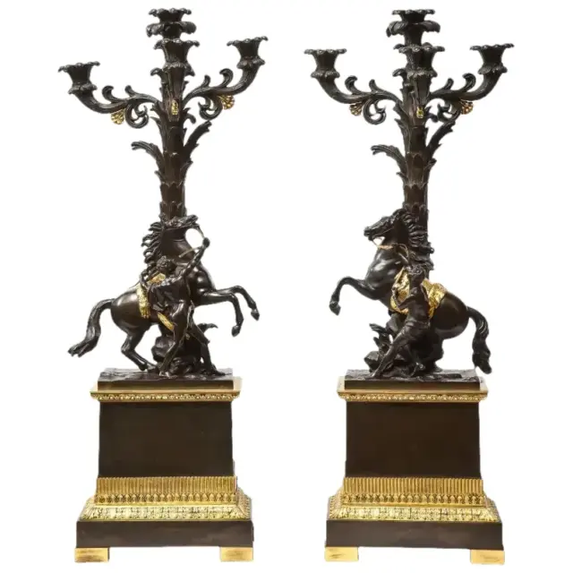 Large Pair of French Restauration Ormolu and Patinated Bronze Candelabra, Horses
