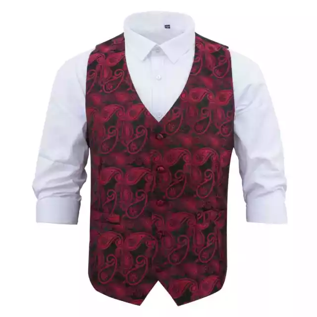 Gilet smoking da uomo nero e rosso paisley bohémien formale matrimonio di DQT
