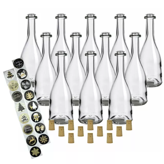 gouveo 12x Glasflaschen 200 ml “Rustica” mit Korken und 24 Weihnachtsaufklebern