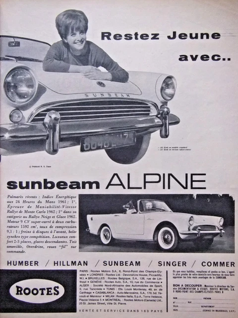 PUBLICITÉ PRESSE 1962 Sunbeam Alpine Rootes Aux 24 Heures Du Mans ...