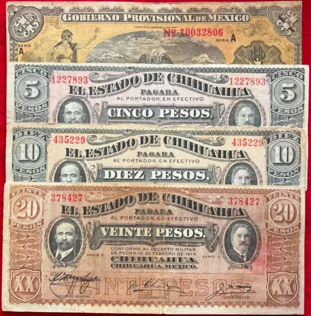 Lot of 4 Mexico Chihuahua Banknotes 1 5 10 Pesos 1915 Gobierno Provisional REV12