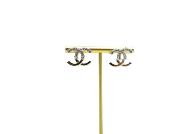 CHANEL 22K GOLD & Crystal CC Stud Earrings $150.00 - PicClick