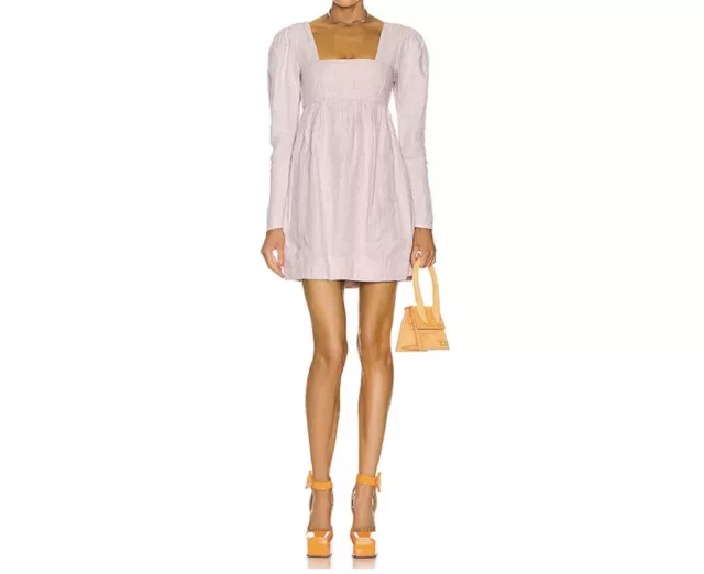 NWT Ganni Long Sleeve Babydoll Hemp Puff Sleeve Light Lilac Mini Dress Size 6