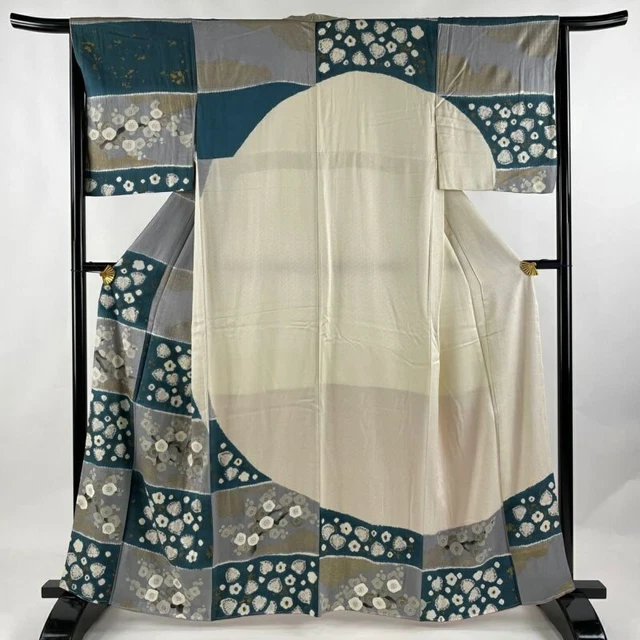 Woman Japanese Kimono Houmongi Silk Plum Blossom Gold Foil Blue Green