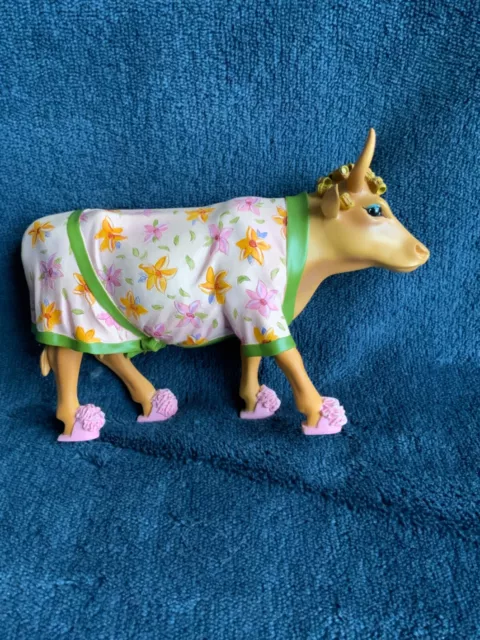 Cow Parade #9129 "Early Show" cow in pink floral housecoat & slippers w/curlers