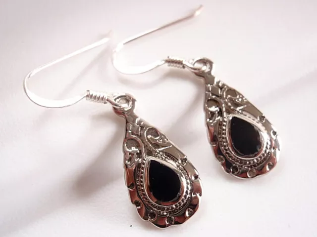 Black Onyx Teardrop Dangle Earrings 925 Sterling Silver Corona Sun Jewelry