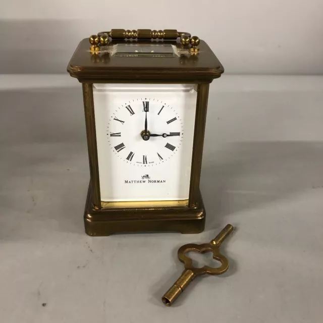 Matthew Norman Brass Carriage Clock #1754 Swiss Made Roman Numerals Key Time -CP