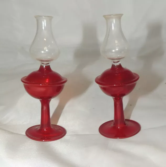 2 Ruby Glass Miniature Oil Lamp-Doll house Style Furniture-All Glass
