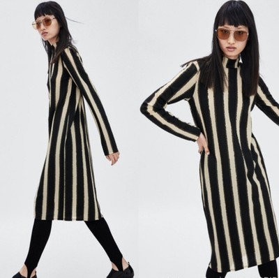 ZARA Metallic Gold Black  Long Sleeve Striped Sweater Shift Dress 7901/819 S