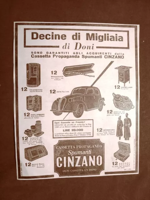 Pubblicità del 1945 Cassetta propaganda Spumante Cinzano Migliaia di doni