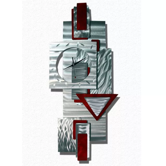 Modern Metal Wall Clock with Pendulum Silver/Red Art Hanging Sculpture Decor