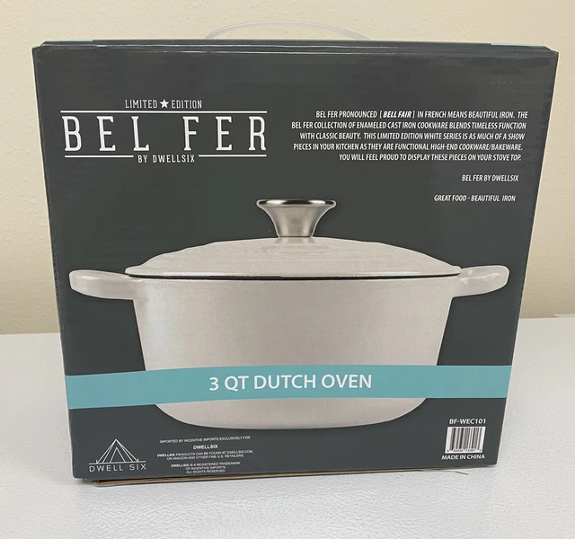 NEW BEL FER WHITE Enameled Cast Iron 3 qt Dutch Kitchen Oven Heavy-Duty MIB