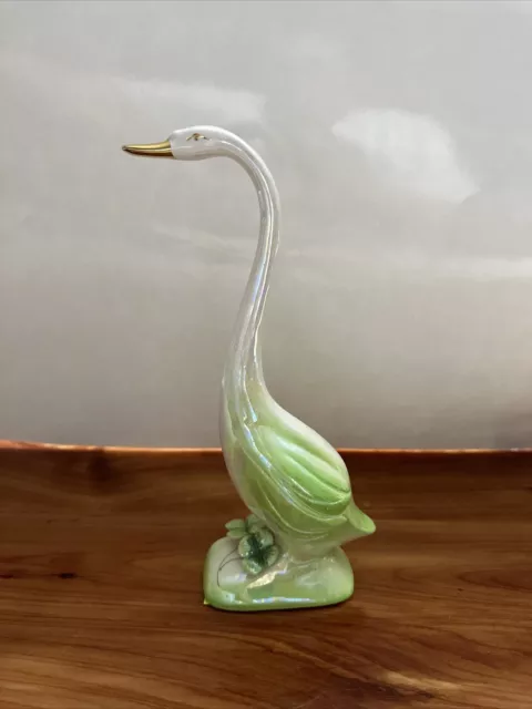 Norcrest Iridescent Swan Porcelain Figurine JAPAN Green Clover 9 1/4" MINT COND