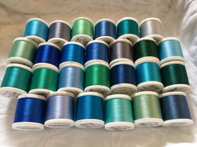 Lot of 26 Spools Madeira Polyneon Polyester Embroidery Thread Blues Greens Gray