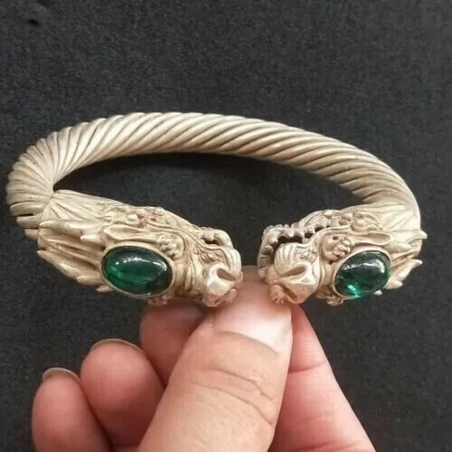 Old Chinese tibet silver inlay green jade carved dragon head Bracelet