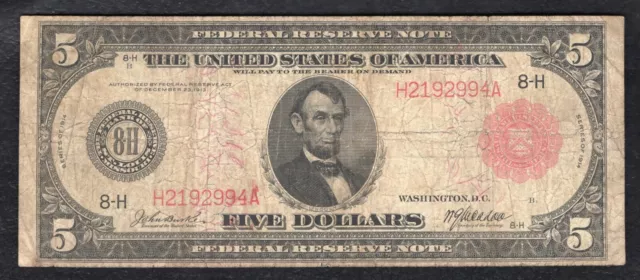 FR. 839b 1914 $5 FIVE DOLLARS RED SEAL FRN FEDERAL RESERVE NOTE ST. LOUIS, MO