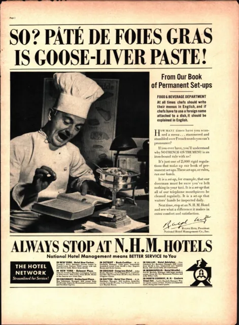 1938 Print Ad N.H.M. Hotels Chef Reading Book Of Permanent Set-Ups E5