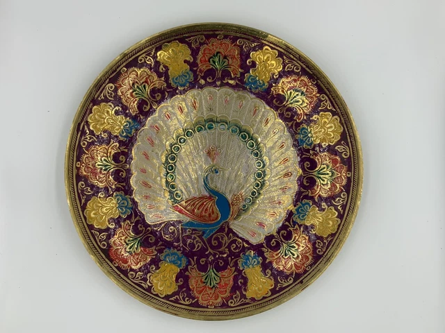Hand Painted Brass Wall Art Peacock Vintage 8.5 In Made In India