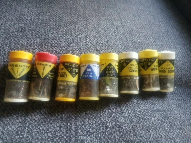 8 Vintage Presto tubes of brads, nails, screws, nails and tacks