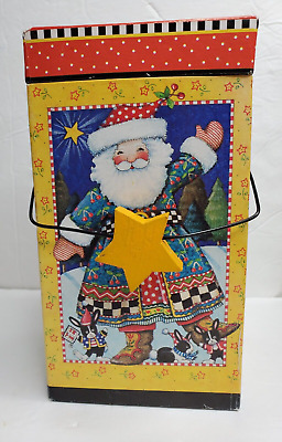 mary engelbreit Christmas Gift Box Decor 7"x4"x4" Wood Star Wire Handle Santa ME