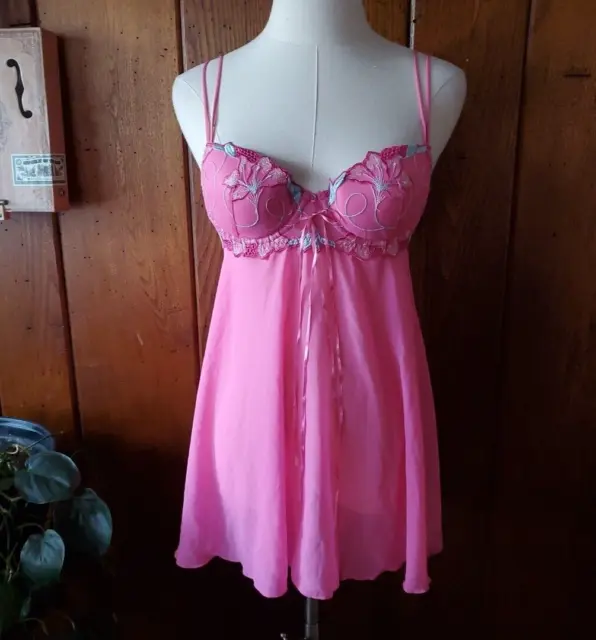 DELICATES Women's Small Nightie SEXY PINK LINGERIE Babydoll Chemise & Thong