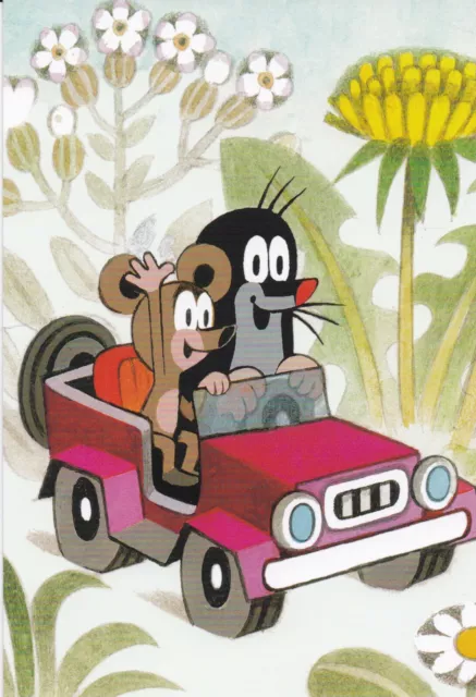 Ansichtskarte: Der kleine Maulwurf fährt mit Maus in einem Jeep - little mole