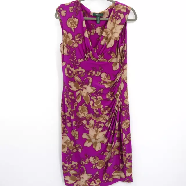 Lauren Ralph Lauren Stretch Jersey Faux Wrap Dress Size 12 Purple Floral Ruched