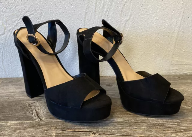 Charlotte Russe Black Faux Suede Chunky 5” Heels Open Toe Womens 7