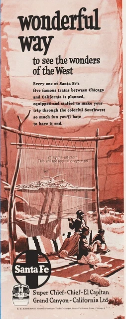 1953 Santa Fe Railway Railroad West Native American Indian Weaving Loom Train Ad