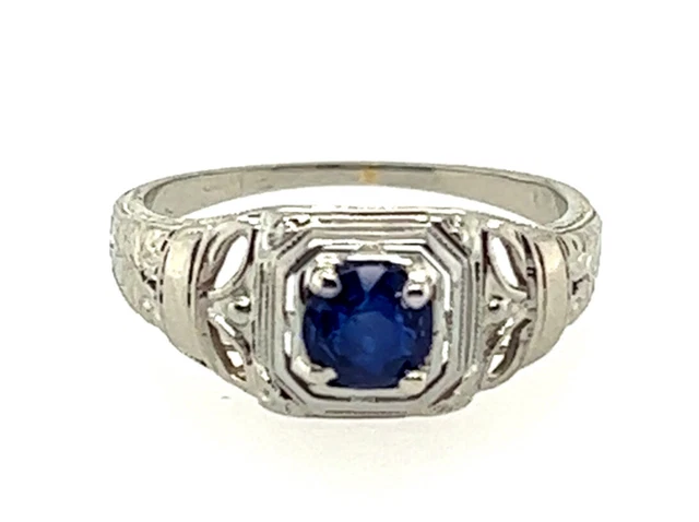 Art Deco Sapphire Ring 1/2ct  Round Solitaire Original 1930's Antique 18K
