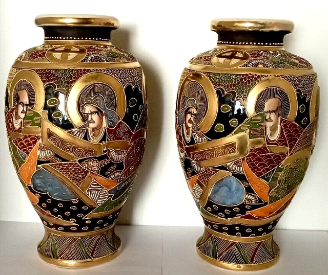 Ancienne Paire De Vases Porcelaine De Satsuma Signé : 32 cm.