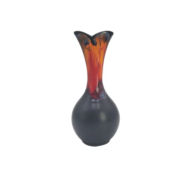 VTG Haeger MCM Matte Black Red Orange Lava Drip Glaze 8.5" Pottery Bulb Vase