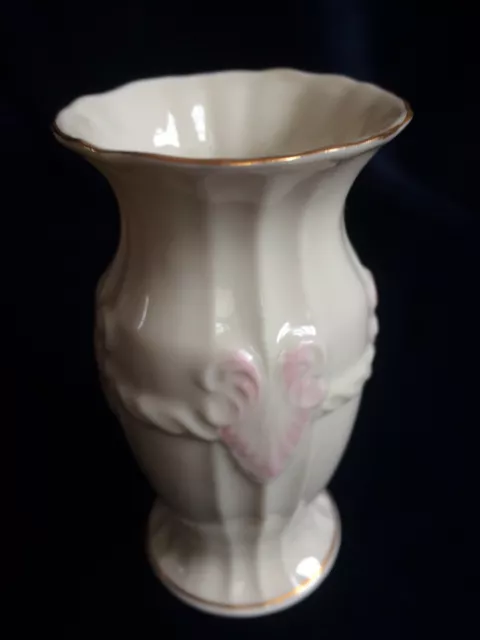 Belleek Vase With Pink Tinted Detail ,Green Backstamp 12cm Tall,Perfect